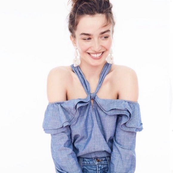 🔥 J. Crew Off the Shoulder Tie Neck Chambray Top - Picture 1 of 5